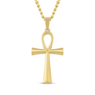 SAELACY 14K White Gold Plated Ankh Cross Pendant Necklace - With Figaro Chain (2 Sizes)
