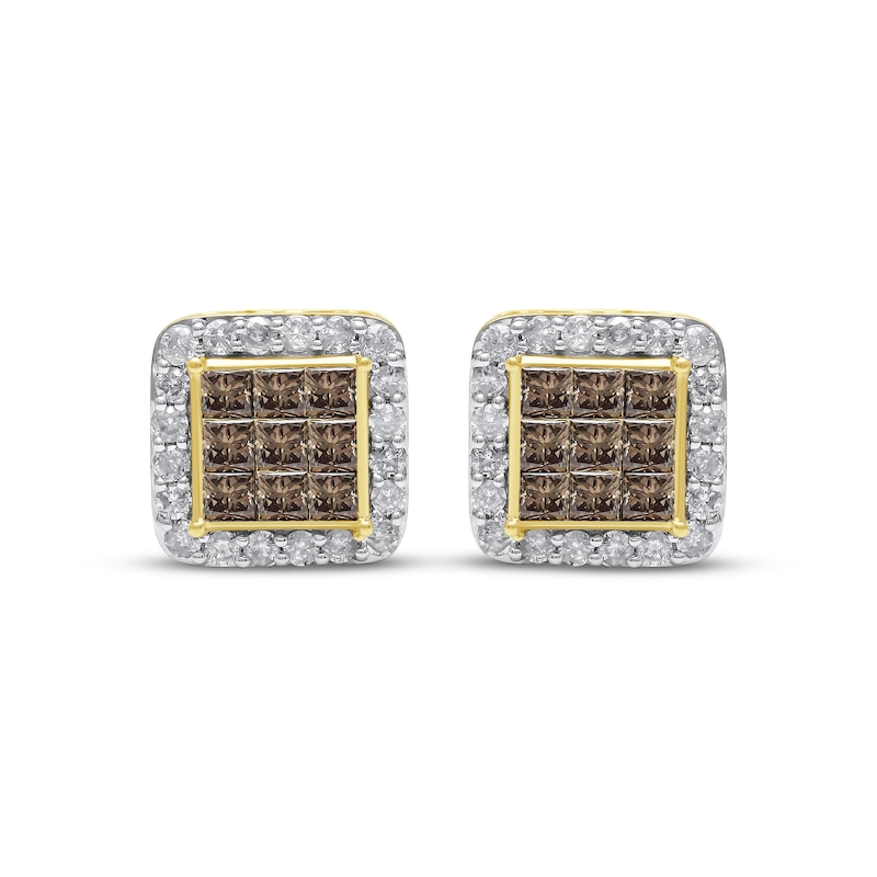 Main Image 2 of Men's Square-Cut Brown & Round-Cut White Diamond Halo Stud Earrings 1 ct tw 10K Yellow Gold