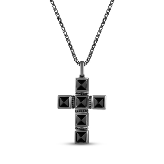 Ink & Ice Men's Black Onyx & Black Diamond Cross Necklace 1/8 ct tw Black Rhodium-Plated Sterling Silver 22"