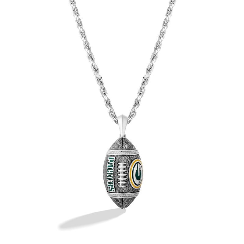 Main Image 1 of True Fans Green Bay Packers 1/20 CT. T.W. Diamond Vertical Football Necklace in Sterling Silver