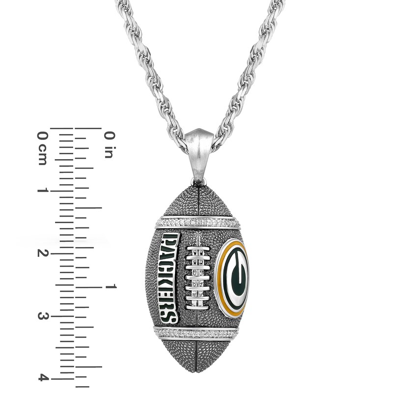 Main Image 4 of True Fans Green Bay Packers 1/20 CT. T.W. Diamond Vertical Football Necklace in Sterling Silver
