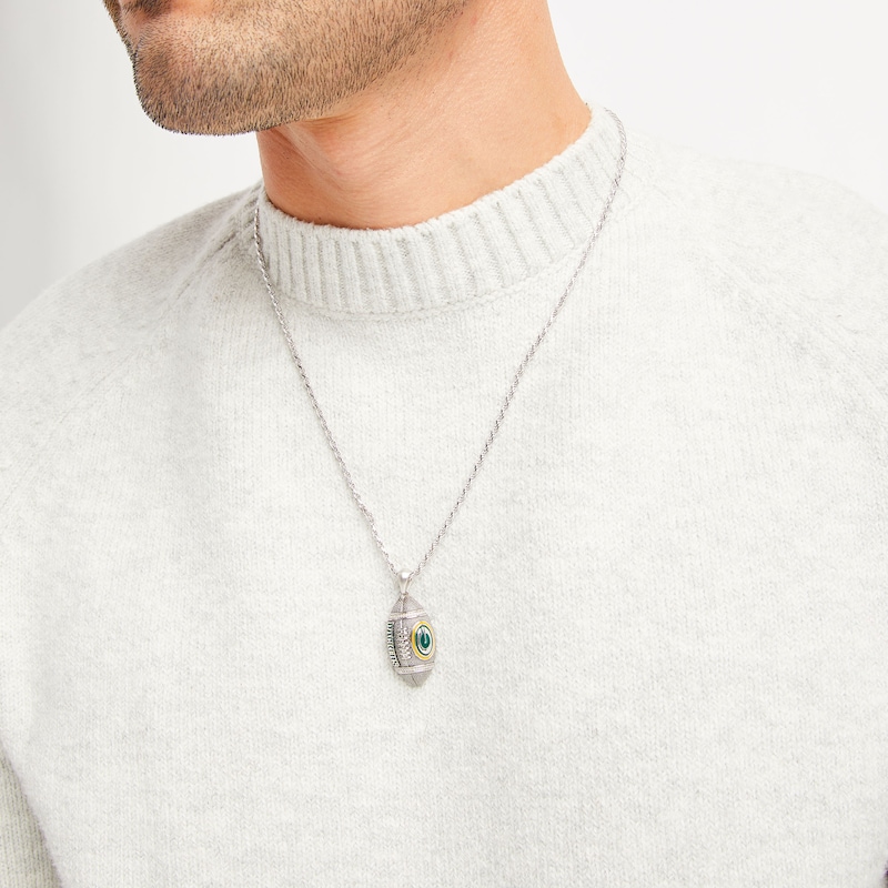 Main Image 5 of True Fans Green Bay Packers 1/20 CT. T.W. Diamond Vertical Football Necklace in Sterling Silver