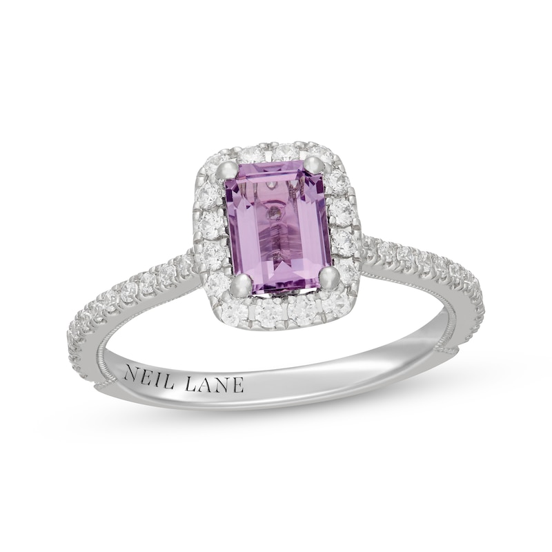 Main Image 1 of Neil Lane Emerald-Cut Purple Quartz & Diamond Halo Engagement Ring 1/2 ct tw 14K White Gold