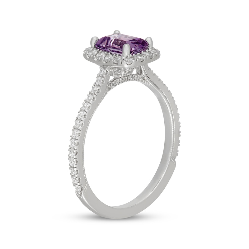 Main Image 2 of Neil Lane Emerald-Cut Purple Quartz & Diamond Halo Engagement Ring 1/2 ct tw 14K White Gold