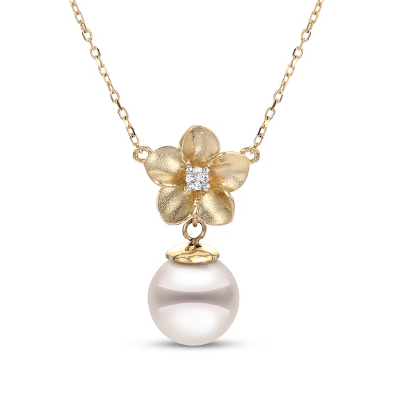 Cultured Pearl & Diamond Accent Flower Necklace 14K Yellow Gold 18"
