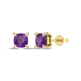 Cushion-Cut Amethyst & Diamond Accent Stud Earrings 10K Yellow Gold