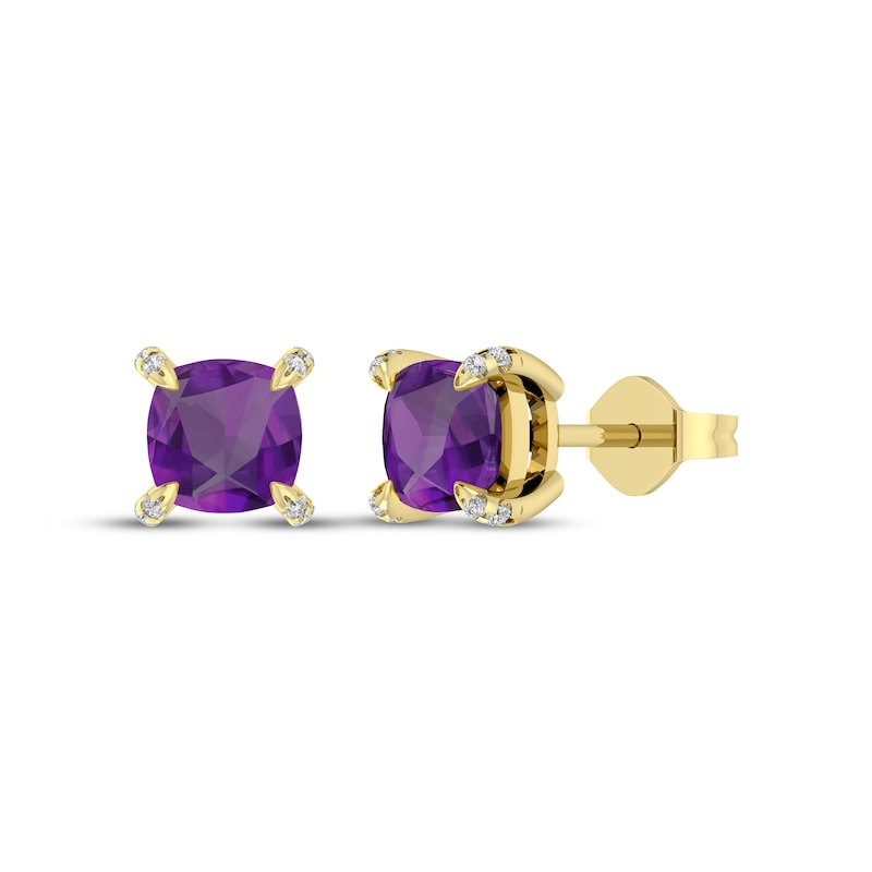 Main Image 1 of Cushion-Cut Amethyst & Diamond Accent Stud Earrings 10K Yellow Gold
