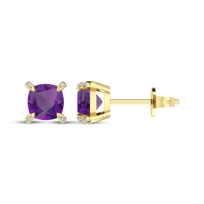Main Image 3 of Cushion-Cut Amethyst & Diamond Accent Stud Earrings 10K Yellow Gold