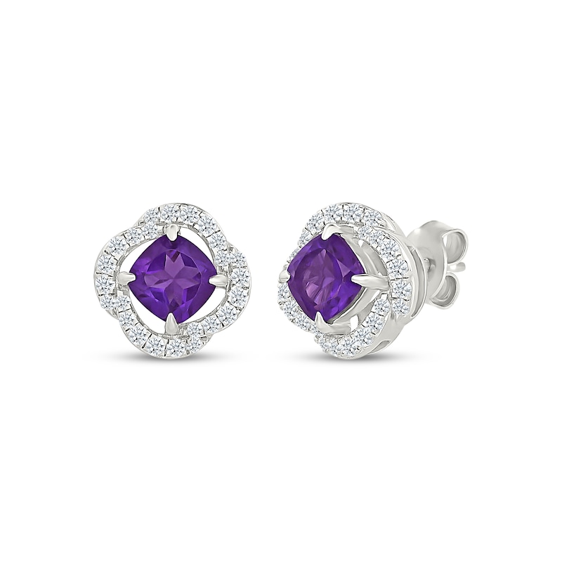Main Image 1 of Cushion-Cut Amethyst & White Lab-Created Sapphire Swirl Halo Stud Earrings Sterling Silver