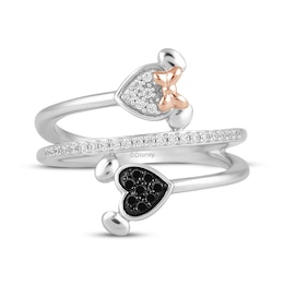 Disney Treasures Black & White Diamond Minnie & Mickey Mouse Bypass Ring 1/6 ct tw Sterling Silver & 14K Rose Gold Plate