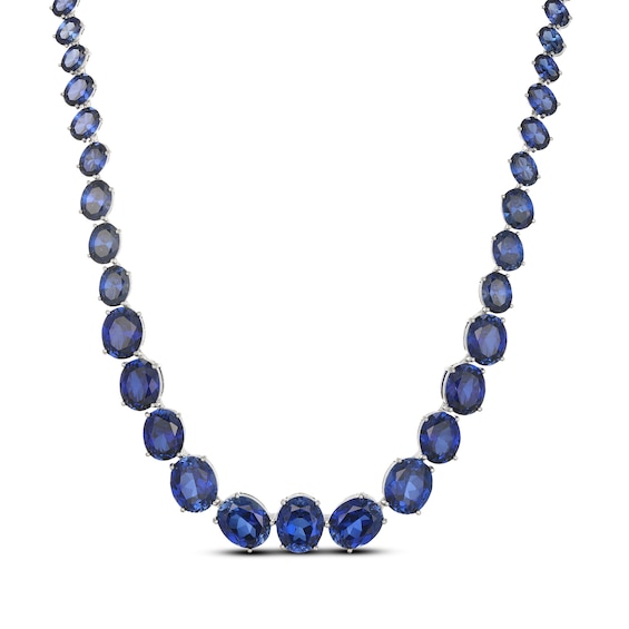 Oval-Cut Blue Lab-Created Sapphire Graduated Line Necklace Sterling Silver 18"