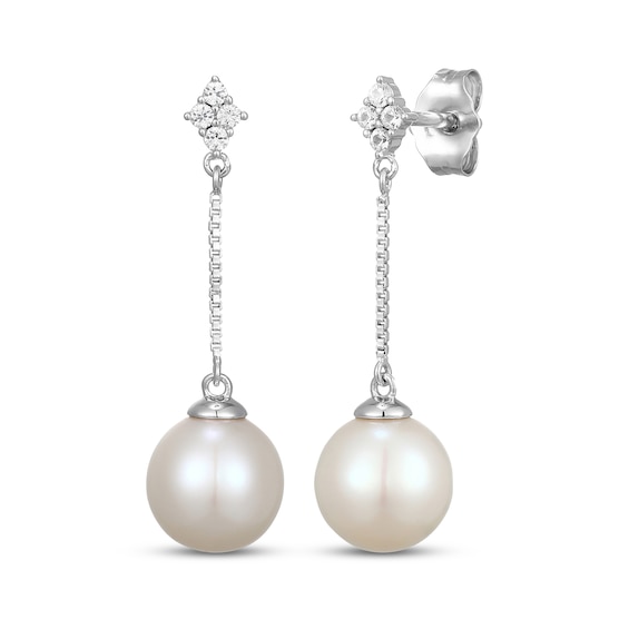 Cultured Pearl & White Lab-Created Sapphire Drop Earrings Sterling Silver