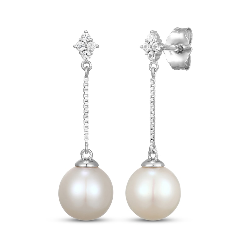Main Image 1 of Cultured Pearl & White Lab-Created Sapphire Drop Earrings Sterling Silver