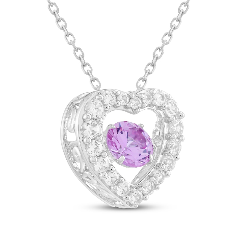 Main Image 2 of Pink Lab-Created Sapphire & White Lab-Created Sapphire Heart Necklace Sterling Silver 18"
