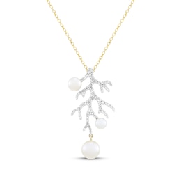 Cultured Pearl & White Lab-Created Sapphire Coral Drop Necklace 10K Yellow Gold 18"