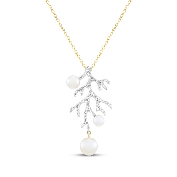 Cultured Pearl & White Lab-Created Sapphire Coral Drop Necklace 10K Yellow Gold 18"