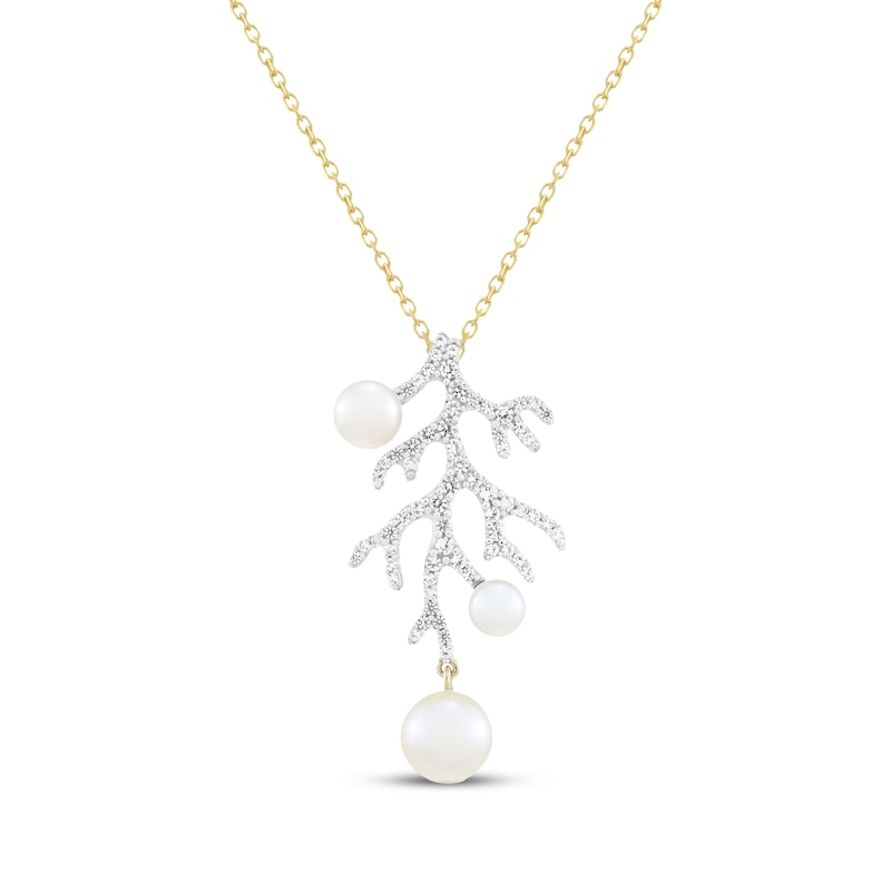 Main Image 1 of Cultured Pearl & White Lab-Created Sapphire Coral Drop Necklace 10K Yellow Gold 18"