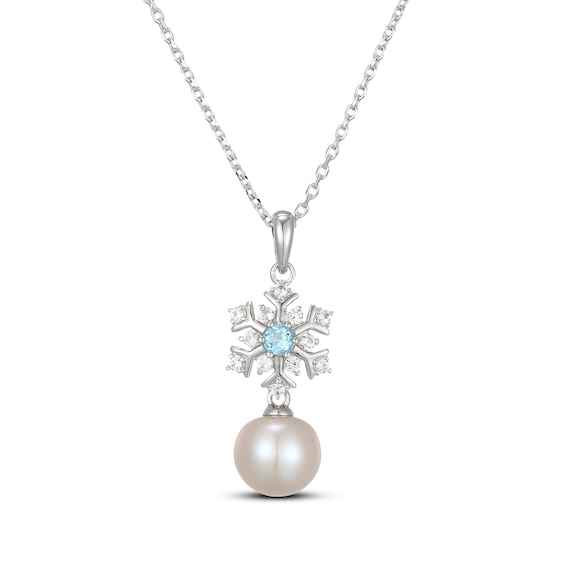 Cultured Pearl, Swiss Blue Topaz & White Lab-Created Sapphire Snowflake Necklace Sterling Silver 18"