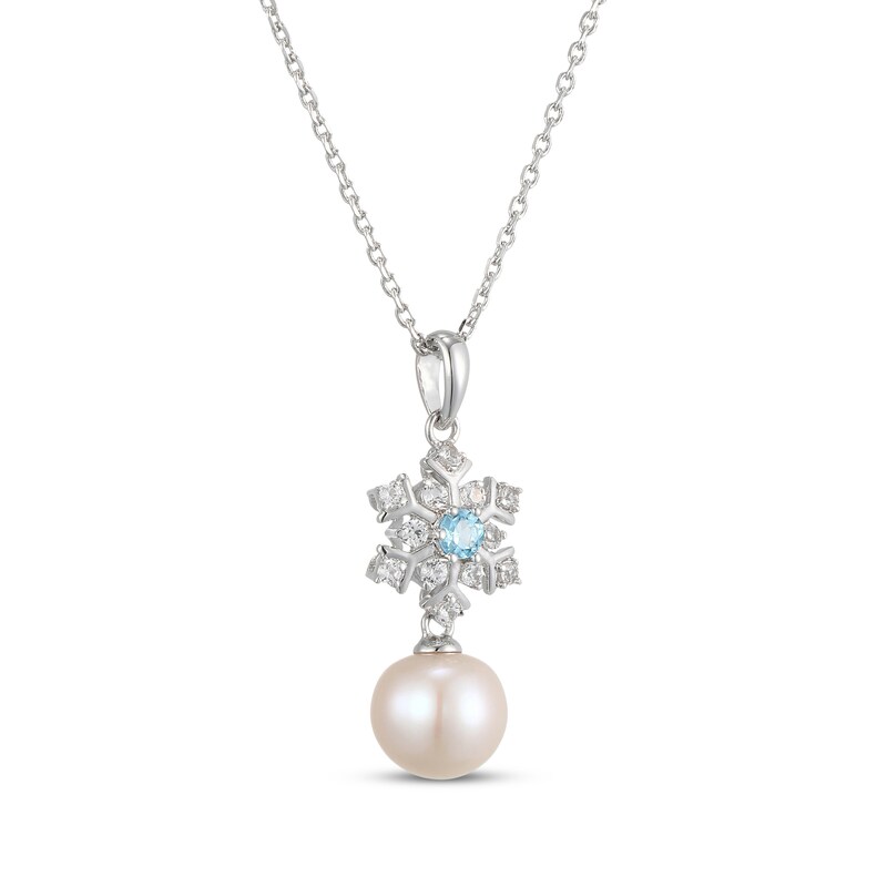 Main Image 2 of Cultured Pearl, Swiss Blue Topaz & White Lab-Created Sapphire Snowflake Necklace Sterling Silver 18"