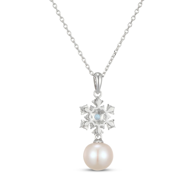 Main Image 3 of Cultured Pearl, Swiss Blue Topaz & White Lab-Created Sapphire Snowflake Necklace Sterling Silver 18"