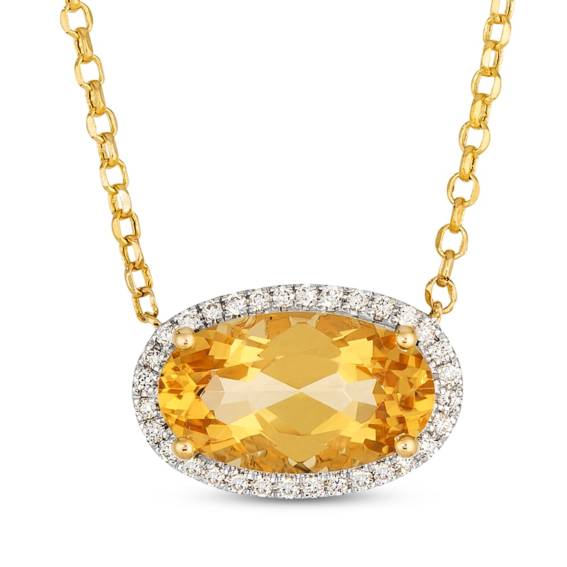 Main Image 1 of Le Vian Oval-Cut Natural Citrine East-West Halo Necklace 1/10 ct tw Diamonds 14K Honey Gold 19"