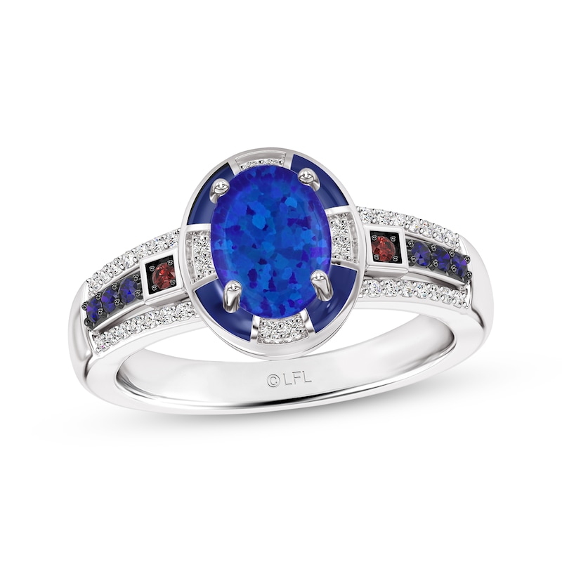Main Image 1 of Star Wars R2-D2 Blue-Green Lab-Created Opal, Blue Lab-Created Sapphire, Garnet & Diamond Ring 1/10 ct tw Sterling Silver