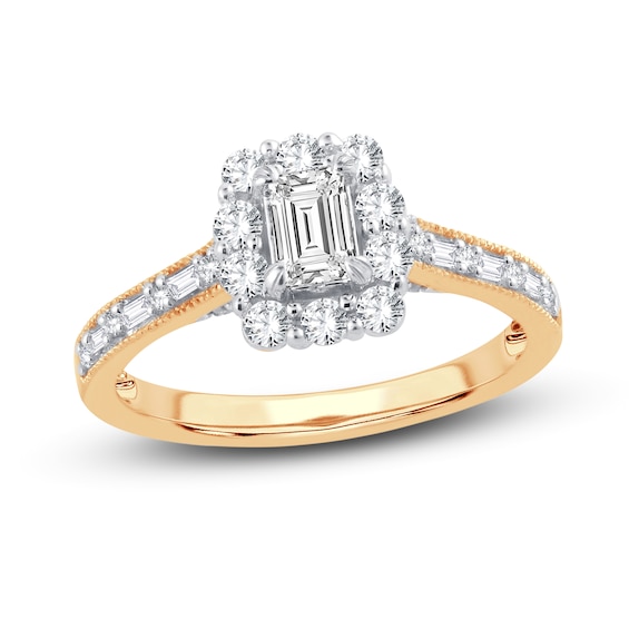 Now + Forever Diamond Engagement Ring 3/4 ct tw Emerald, Round, Baguette 14K Yellow Gold