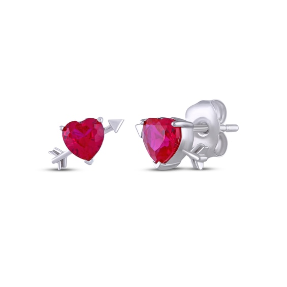 Heart-Shaped Lab-Created Ruby & Arrow Stud Earrings Sterling Silver