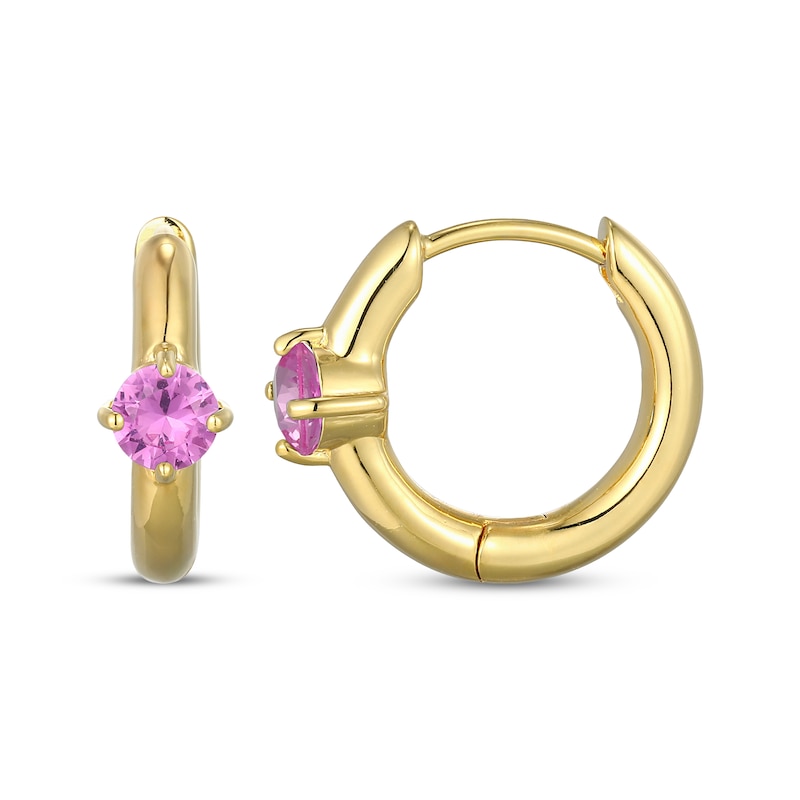 Main Image 3 of STUDIO BY KAY Round-Cut Pink Lab-Created Sapphire Solitaire Hoop Earrings 24K Yellow Gold Vermeil Sterling Silver