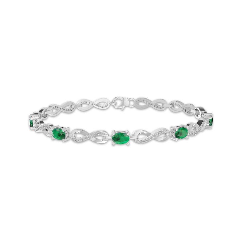 Main Image 1 of Oval-Cut Lab-Created Emerald & White Lab-Created Sapphire Infinity Link Bracelet Sterling Silver 7.25"