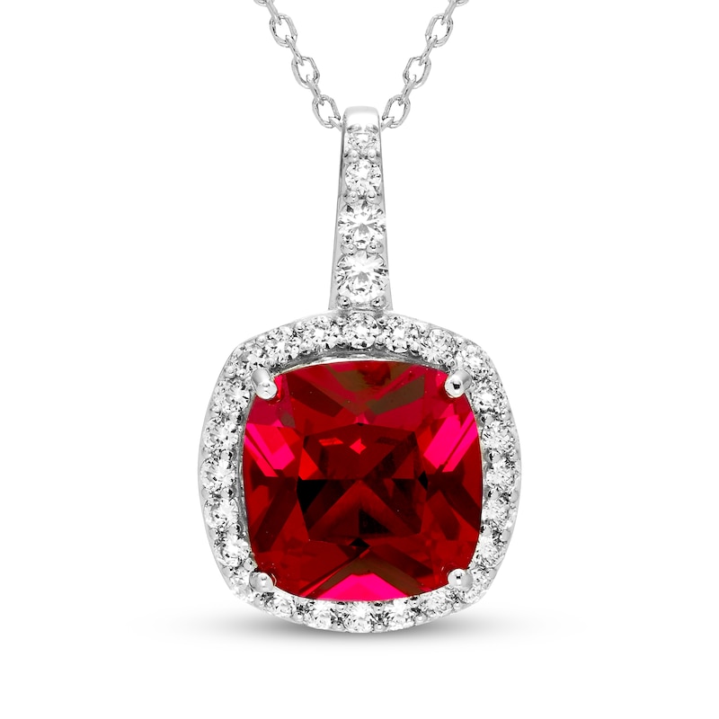 Main Image 1 of Cushion-Cut Lab-Created Ruby & White Lab-Created Sapphire Halo Necklace Sterling Silver 18"