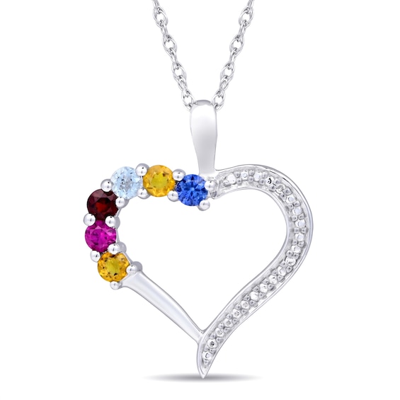 Mother's Family Birthstone & Diamond Heart Necklace (1-7 Stones)