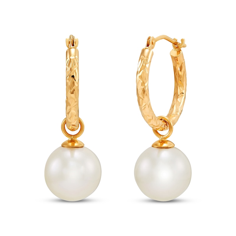 Main Image 1 of Cultured Pearl Diamond-Cut Hoop Dangle Earrings 10K Yellow Gold