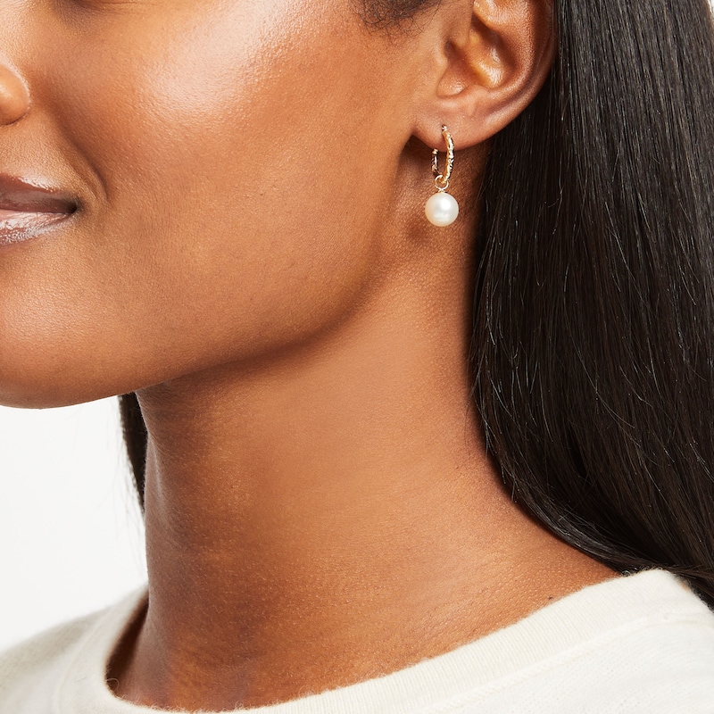 Main Image 4 of Cultured Pearl Diamond-Cut Hoop Dangle Earrings 10K Yellow Gold