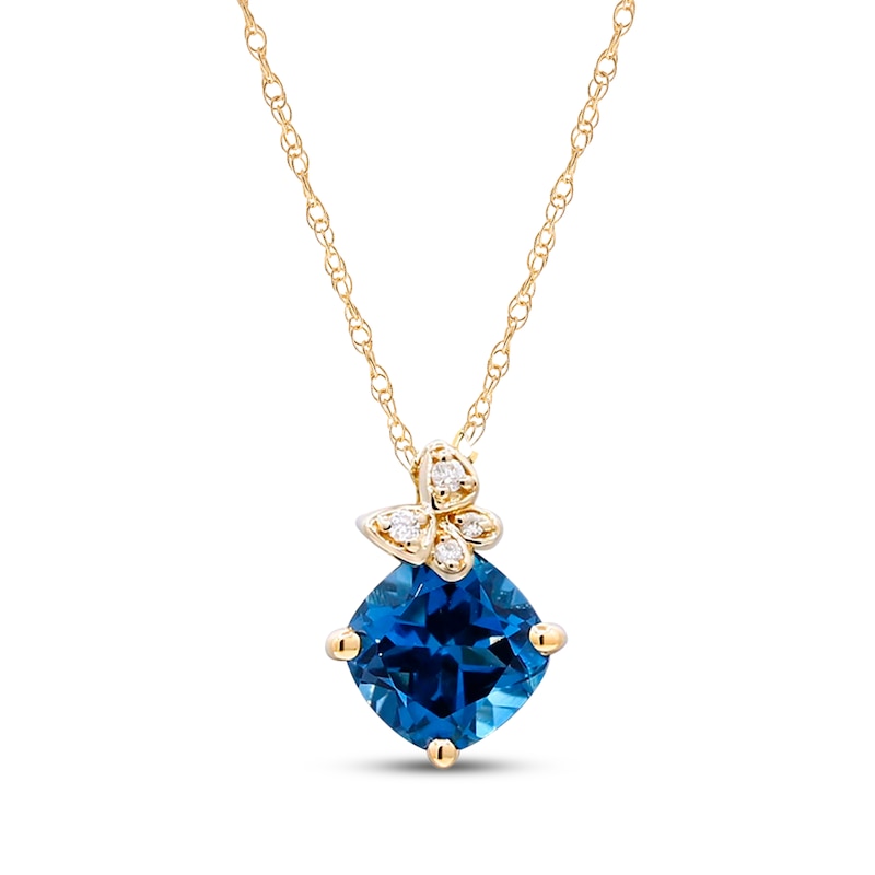 Main Image 1 of Cushion-Cut London Blue Topaz & Diamond Accent Butterfly Necklace 10K Yellow Gold 18&quot;