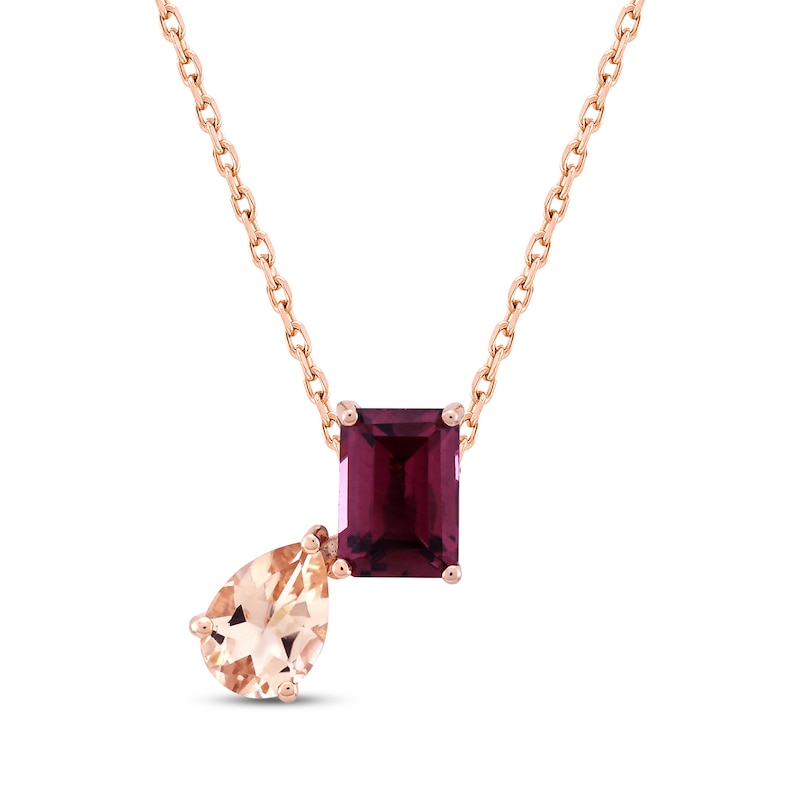 Main Image 1 of Toi et Moi Pear-Shaped Morganite & Emerald-Cut Rhodolite Garnet Necklace 10K Rose Gold 18&quot;