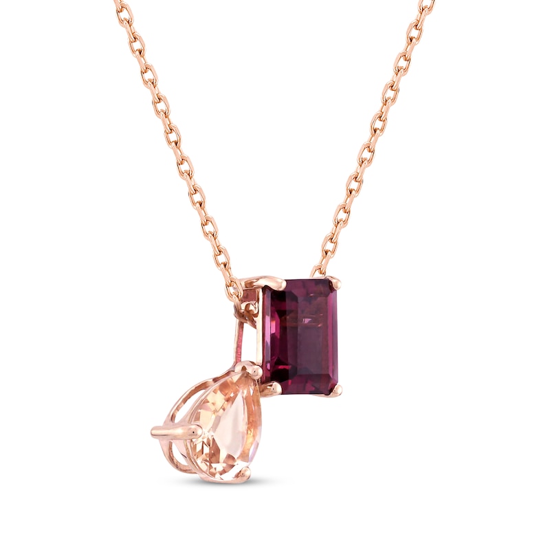 Main Image 2 of Toi et Moi Pear-Shaped Morganite & Emerald-Cut Rhodolite Garnet Necklace 10K Rose Gold 18&quot;