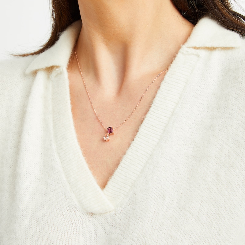 Main Image 3 of Toi et Moi Pear-Shaped Morganite & Emerald-Cut Rhodolite Garnet Necklace 10K Rose Gold 18&quot;