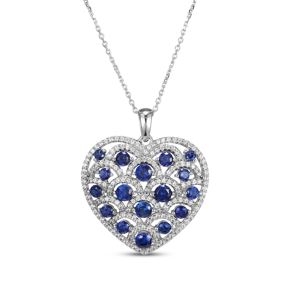 Blue & White Lab-Created Sapphire Scalloped Heart Necklace Sterling Silver 18"