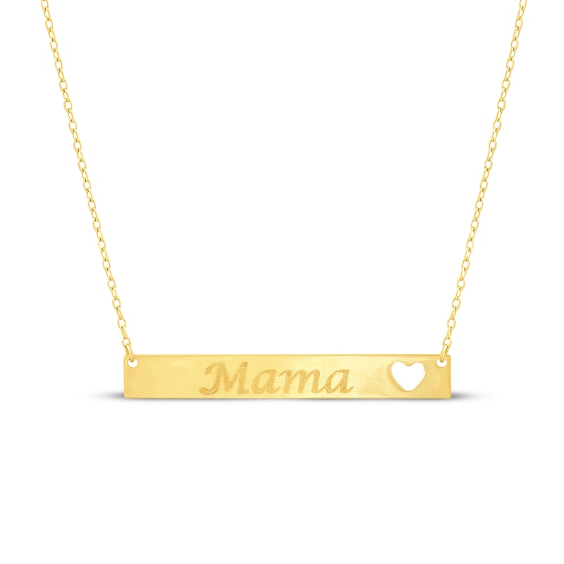 "Mama" Heart Cutout Bar Necklace 10K Yellow Gold 17.75"