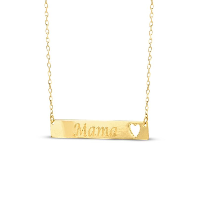 "Mama" Heart Cutout Bar Necklace 10K Yellow Gold 17.75"