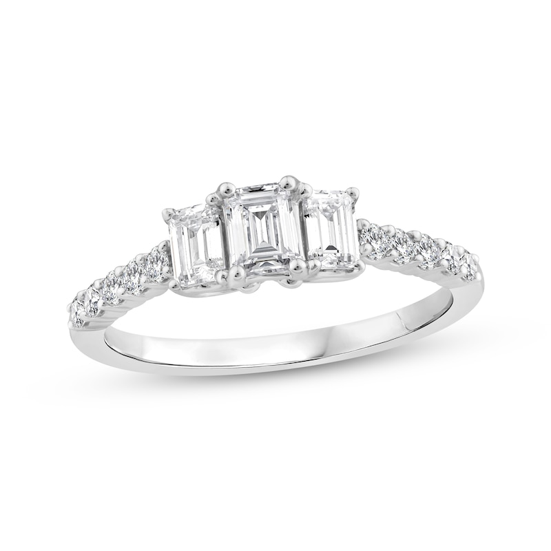Main Image 1 of Memories Moments Magic Emerald-Cut Diamond Three-Stone Engagement Ring 1 ct tw 14K White Gold