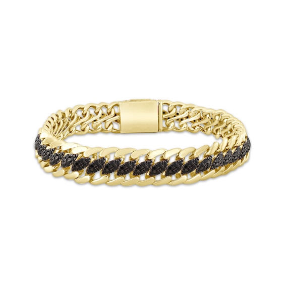 Men's Black Diamond Oval Center Curb Link Bracelet 6 ct tw 10K Yellow Gold 8.5"