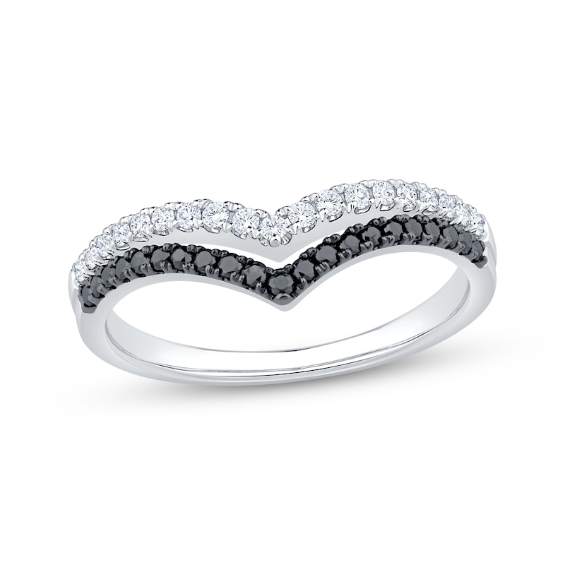Main Image 1 of Now + Forever Black & White Diamond Two-Row Chevron Anniversary Ring 1/3 ct tw 14K White Gold
