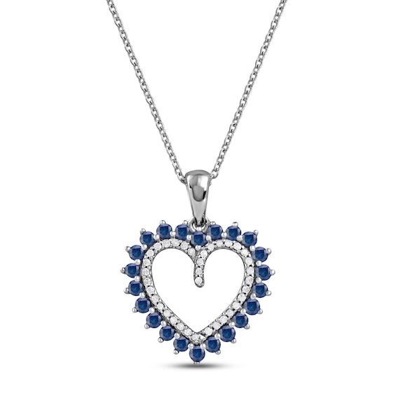 Blue Sapphire & Diamond Heart Necklace 1/10 ct tw Round-cut 10K White Gold 18"