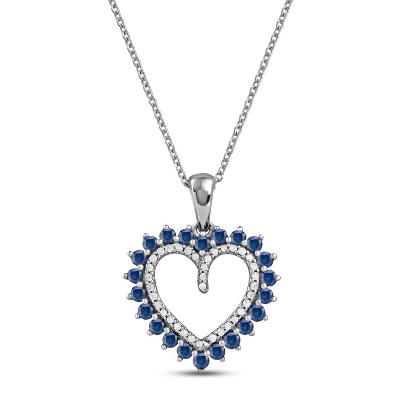 Main Image 1 of Blue Sapphire & Diamond Heart Necklace 1/10 ct tw Round-cut 10K White Gold 18"
