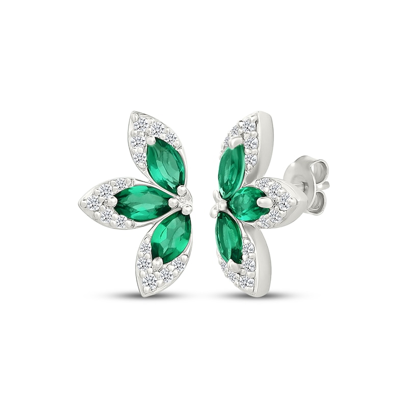 Main Image 1 of Marquise-Cut Lab-Created Emerald & White Lab-Created Sapphire Half-Flower Stud Earrings Sterling Silver