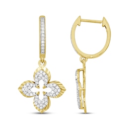 Diamond Flower Outline Dangle Hoop Earrings 1/3 ct tw 10K Yellow Gold