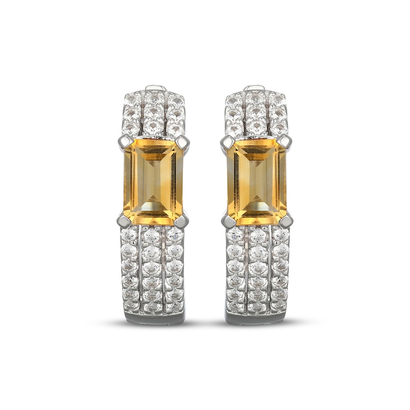 Main Image 2 of Emerald-Cut Citrine & White Lab-Created Sapphire Huggie Hoop Earrings Sterling Silver