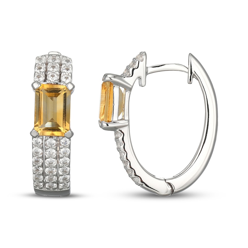 Main Image 3 of Emerald-Cut Citrine & White Lab-Created Sapphire Huggie Hoop Earrings Sterling Silver